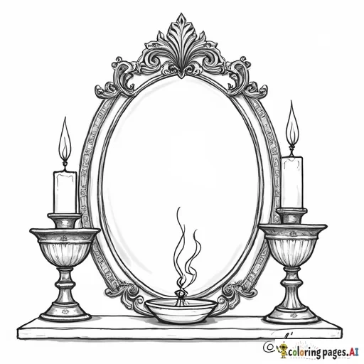 two ornate candlesticks on either side of an ornate oval mirror with a smoldering incense burner