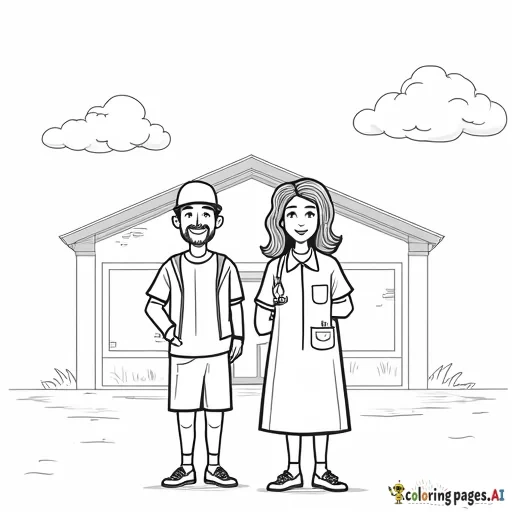 Two teachers standing in front of a school