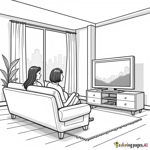 two women in a living room watching tv,  with a window off to the side to see the city and sky,