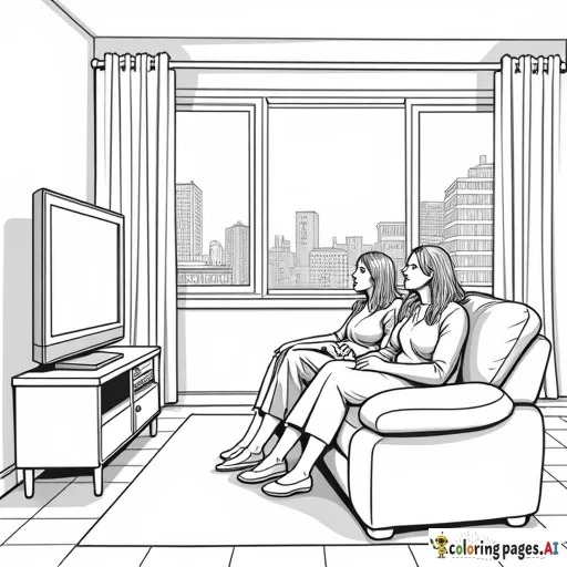 two women in a living room watching tv,  with a window off to the side to see the city and sky,