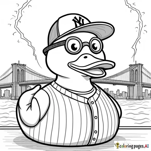 Uncolored coloring page of a rubber duck gangster wearing a Yankees jersey with Brooklyn bridge in the background at night with lightning striking, with the phrase "Spread Love"