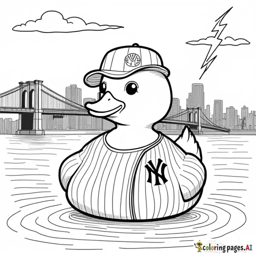 Uncolored coloring page of a rubber duck gangster wearing a Yankees jersey with Brooklyn bridge in the background at night with lightning striking, with the phrase "Spread Love"