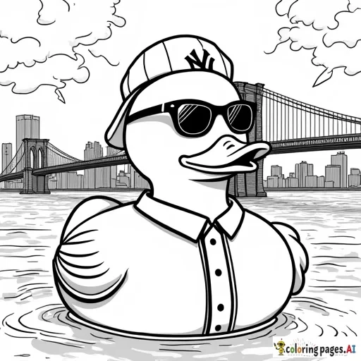 Uncolored coloring page of a rubber duck gangster wearing a Yankees jersey with Brooklyn bridge in the background at night with lightning striking, with the phrase "Spread Love"