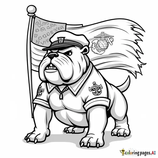 united states marine corp mascot tough looking bulldog  Standing on back legs0 only with an flag behind it saying usmc and eagle globe and anchor emblem wearing a usmc hat dressed in taknk top with eagle globe and anchor usmc clothes