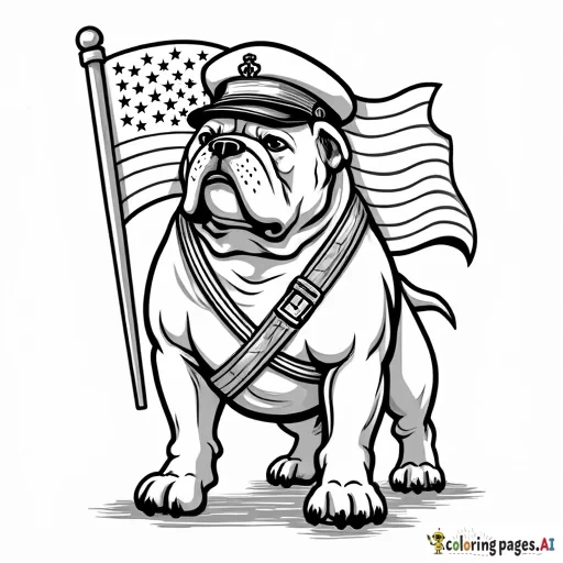 united states marine corp mascot tough looking bulldog  Standing on back legs0 only with an flag behind it saying usmc and eagle globe and anchor emblem wearing a usmc hat dressed in usmc clothes