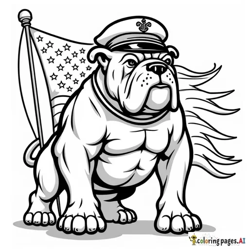 united states marine corp mascot tough looking bulldog  Standing on back legs only with an flag behind it saying usmc and eagle globe and anchor emblem wearing a usmc hat