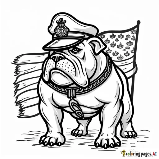 united states marine corp mascot tough looking bulldog with an flag behind it saying usmc and eagle globe and anchor emblem wearing a usmc hat