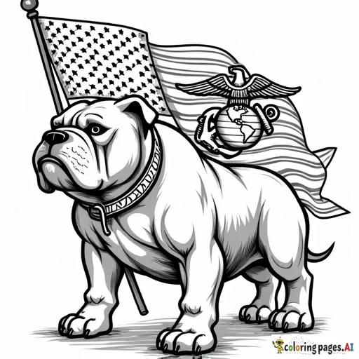 united states marine corp mascot tough looking bulldog with an flag behind it saying usmc and eagle globe and anchor emblem
