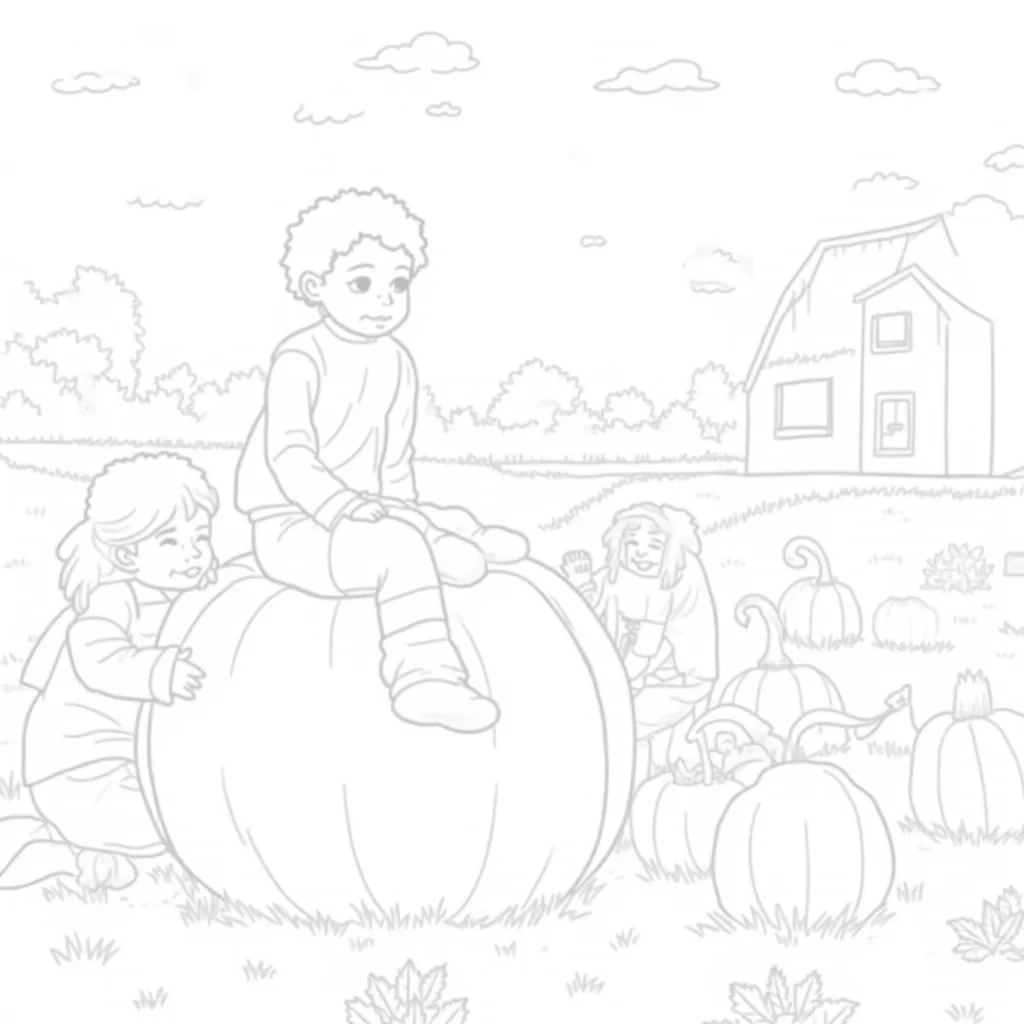 A group of children are exploring a pumpkin patch, each picking out their favorite pumpkin. Some are huge, round pumpkins, while others are small and uniquely shaped. One child is trying to lift a giant pumpkin, while another is sitting on top of one, smiling. There are colorful leaves scattered all around and a farm in the background.