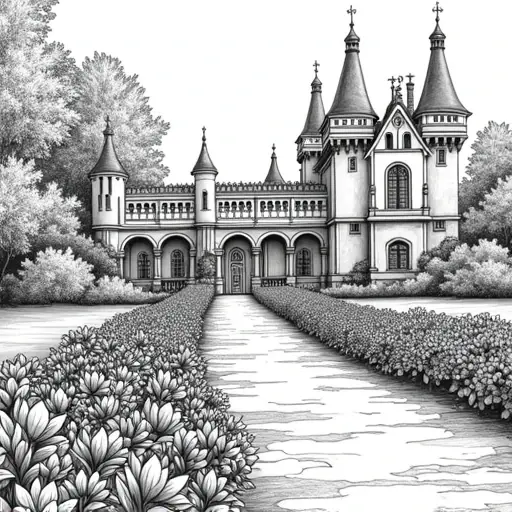 very fancy garden on castle grounds - Free Printable Coloring Page
