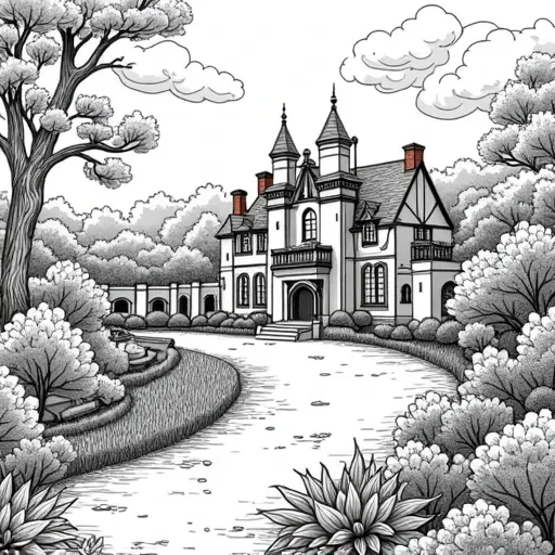 very large garden on castle grounds - Free Printable Coloring Page