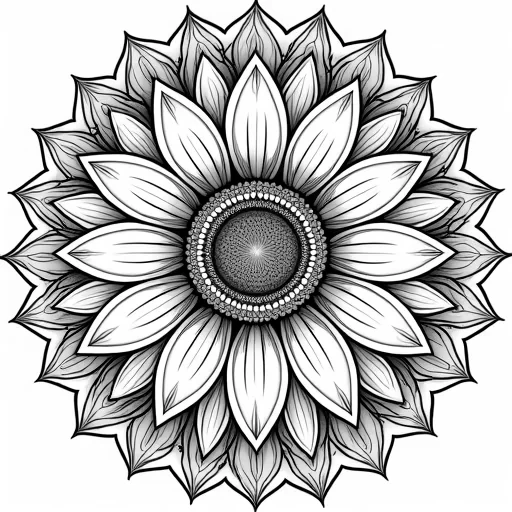 "Vibrant mandala with sunflowers as the central theme, each sunflower petal detailed with fine lines and subtle shading. The mandala’s layers are filled with geometric patterns, hexagons, and circles, all interwoven with soft leaves and smaller floral designs. The outer edges feature fine patterns of vines and sun-like rays radiating outward, creating a peaceful, balanced, and intricate coloring experience."