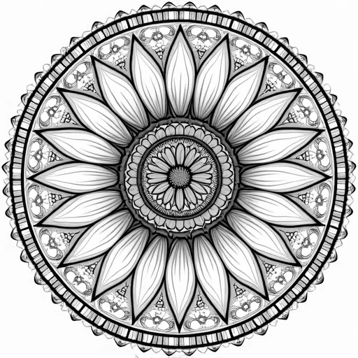 "Vibrant mandala with sunflowers as the central theme, each sunflower petal detailed with fine lines and subtle shading. The mandala’s layers are filled with geometric patterns, hexagons, and circles, all interwoven with soft leaves and smaller floral designs. The outer edges feature fine patterns of vines and sun-like rays radiating outward, creating a peaceful, balanced, and intricate coloring experience."