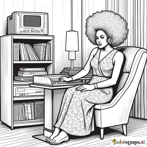 Vintage Vinyl Listening Room - A room dedicated to music, with a record player, headphones, and a collection of vinyl records with a woman of color in afro is wearing the summer wrap around dress with flowers on the dress