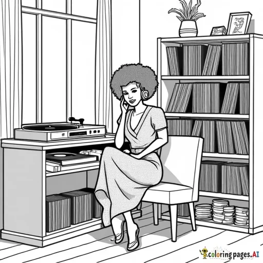 Vintage Vinyl Listening Room - A room dedicated to music, with a record player, headphones, and a collection of vinyl records with a woman of color in afro is wearing the summer wrap around dress with flowers on the dress