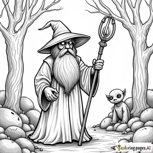 wizard holding a staff in a spooky forest with goblins
