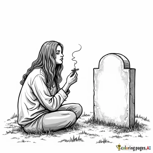 woman smoking a joint sitting on ground in front of headstone at a cematary