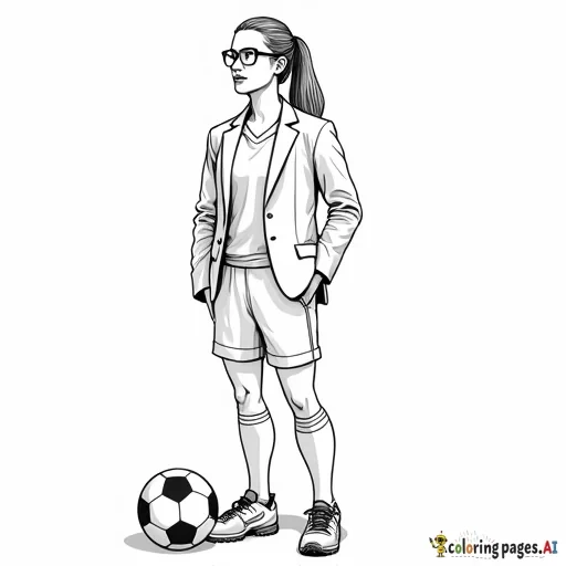 women's professional soccer coach with suit on standing next to a soccer ball