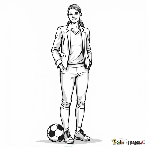 women's professional soccer coach with suit on standing next to a soccer ball