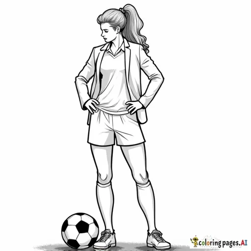 women's professional soccer coach with suit on standing next to a soccer ball