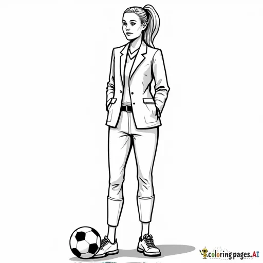 women's professional soccer coach with suit on standing next to a soccer ball