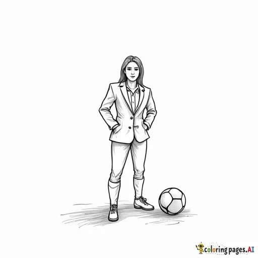 women's professional soccer coach with suit on standing next to a soccer ball