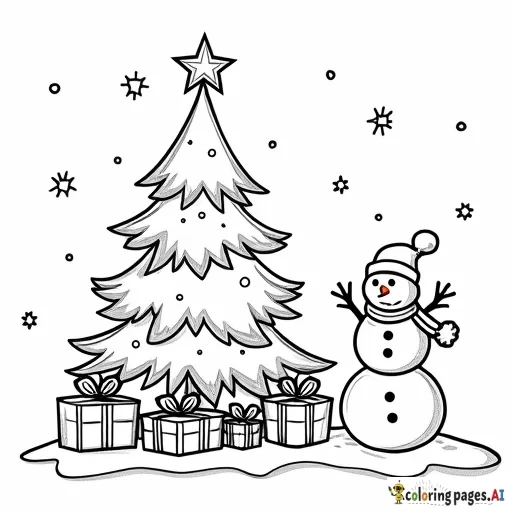 Words that say “Merry Christmas, Iann!”, A Christmas tree with presents under it and a snowman