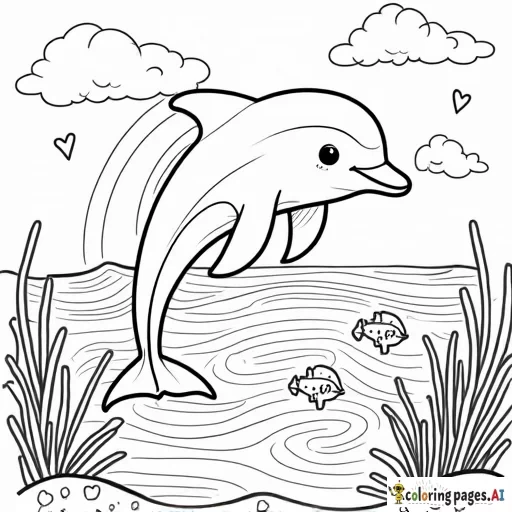 dolphin that is jumping out of the water, and there are fish and coral and hearts and there are rainbows and the sun behind the dolphin