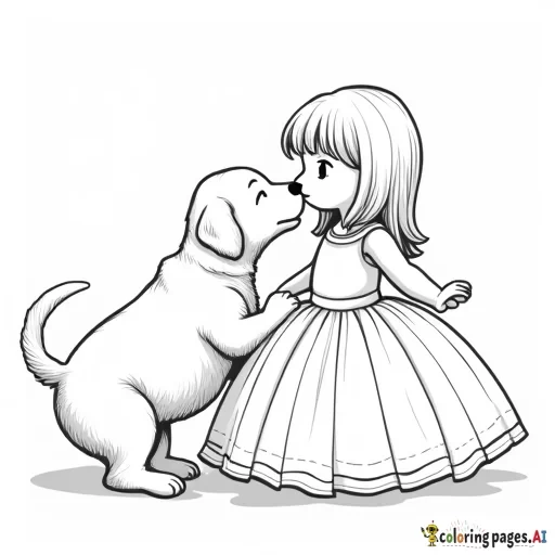 yellow lab puppy licking the face of a 7 year old girl in a ball gown with bangs and shoulder length wavey hair